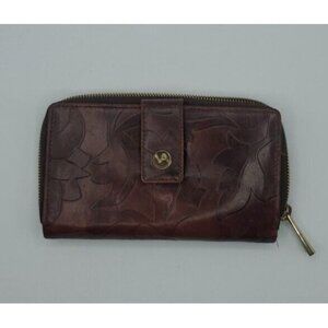 Valentina Genuine Embossed Floral Pattern Design Dark Red Leather Wallet Italy
